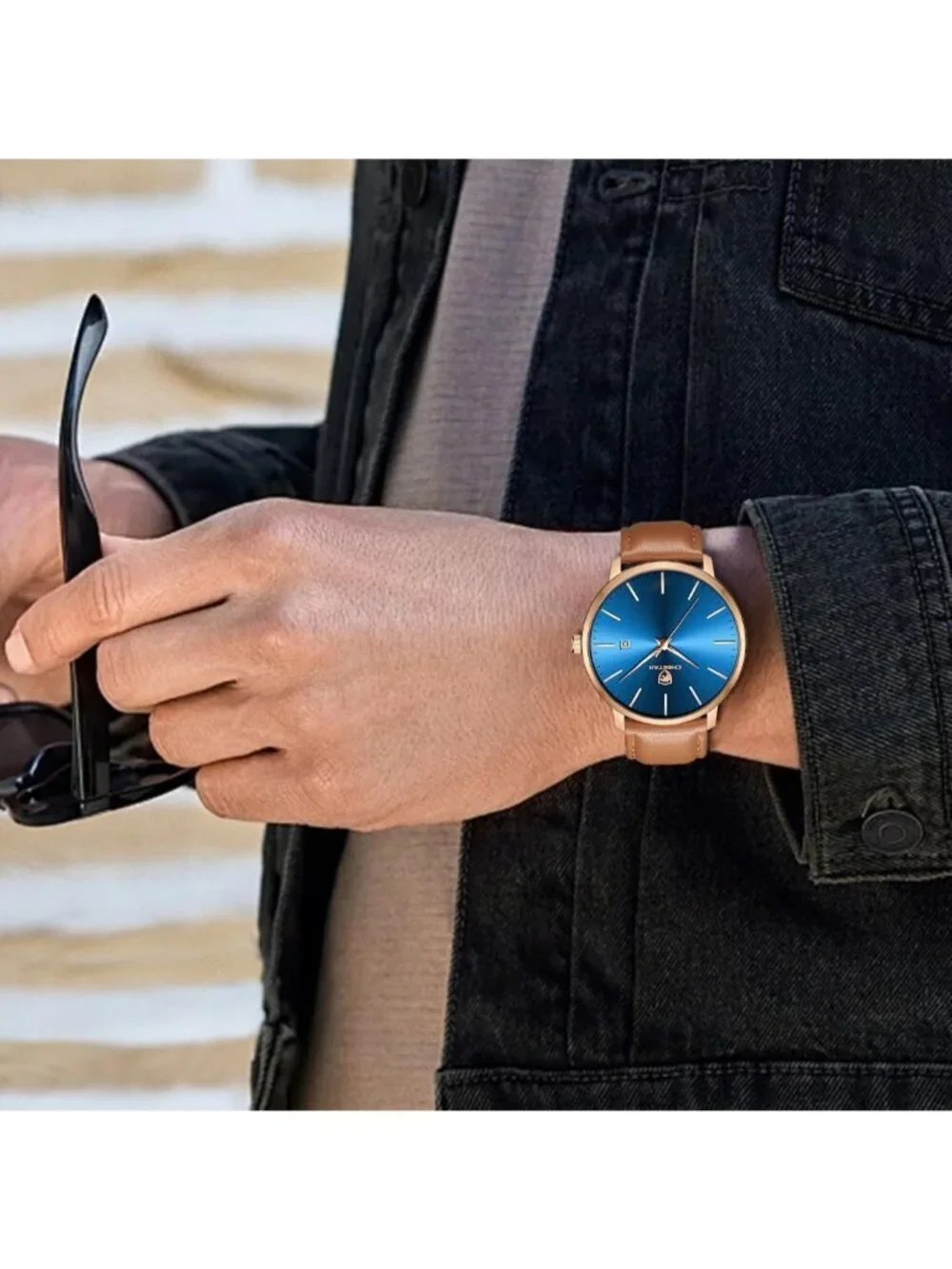 Men's Brown/Rose Gold/Blue Leather Strap Minimalist Waterproof Quartz Wristwatch